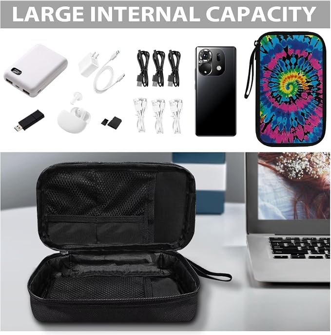 Tie Dye Print Portable Travel Cable Organizer Bag, Tech Storage Bag for Cord, Charger, Phone, Earphone, Hard Drive, USB, SD Card and Electronic Accessories