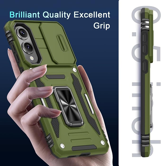 DEERLAMN Case for Samsung Galaxy S25 Edge with Slide Camera Cover+Screen Protector (1 Pack), Rotated Ring Kickstand Military Grade Shockproof Protective Cover-Olive Green