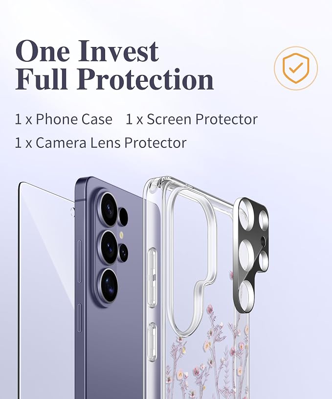 GVIEWIN Compatible with Samsung Galaxy S26 Ultra Case, Clear Floral Slim Shockproof Protective Women Phone Case, Non-Yellowing, with Screen Protector & Camera Lens Protector 6.9", Violet/Purple