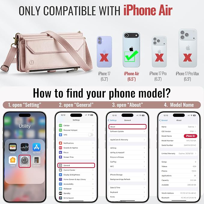 Strapurs Wallet Case Compatible with iPhone Air 6.5" RFID Blocking 10-Card Holder Soft PU Leather Magnetic Snap Shoulder Strap Zipper Pocket Phone Case Fit for iPhone 17 Air for Women - Rose Gold