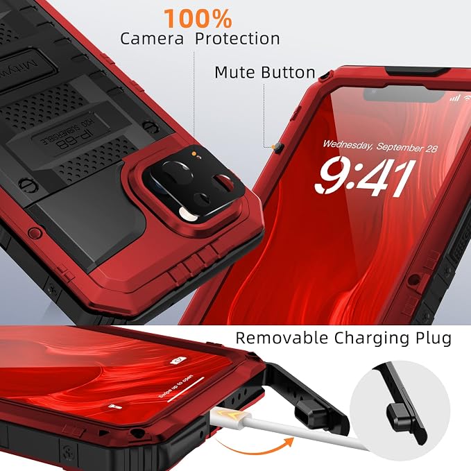 Mitywah Waterproof Case for iPhone 14, Heavy Duty Shockproof Case with Built-in Screen Protector, Full Body Underwater Protective Metal Case 6.1 inch, Red