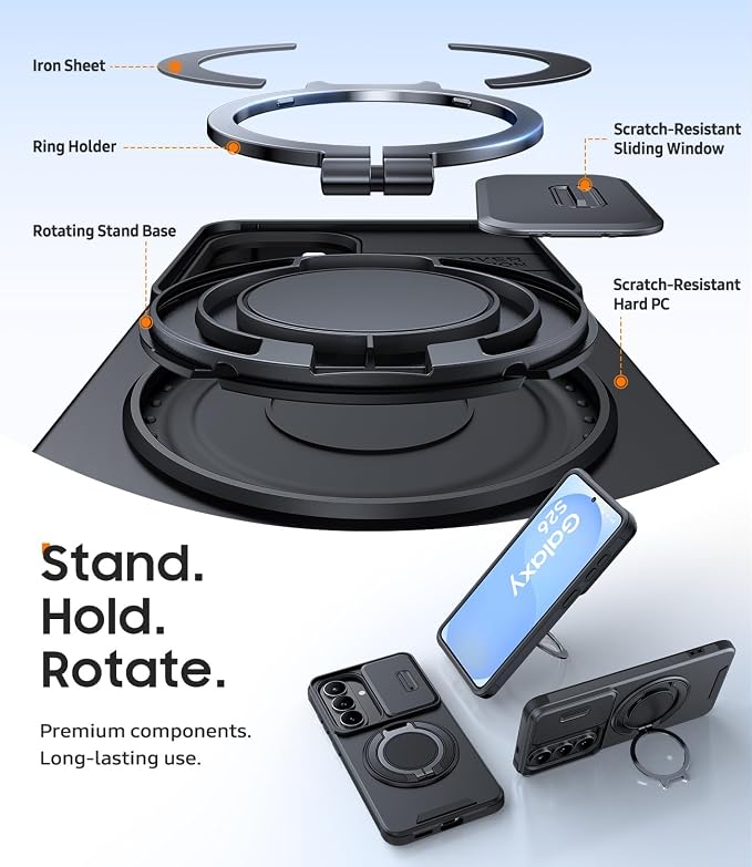 JAME for Samsung Galaxy S26 Case, Ring Holder Stand Kickstand, Slide Camera Cover with Screen Protector, Dual-Layer Shockproof Protective, Magnetic Accessory Friendly Galaxy S26 Phone Case, Black