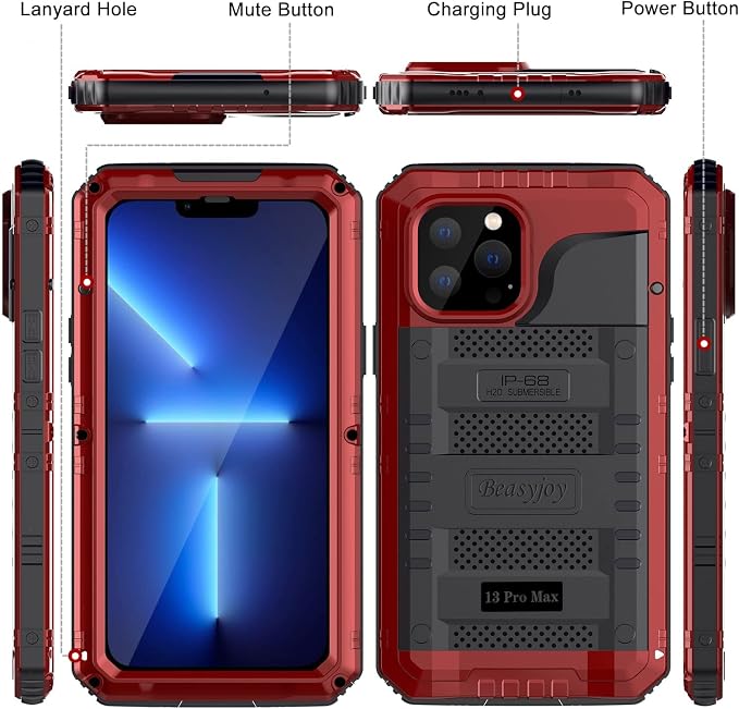 Beasyjoy for iPhone 13 Pro Max Case, Metal Waterproof Phone Case with Built-in Screen Protector, Full Body Protective Military Grade Shockproof Heavy Duty Rugged Defender Cover 6.7 Inch, Red