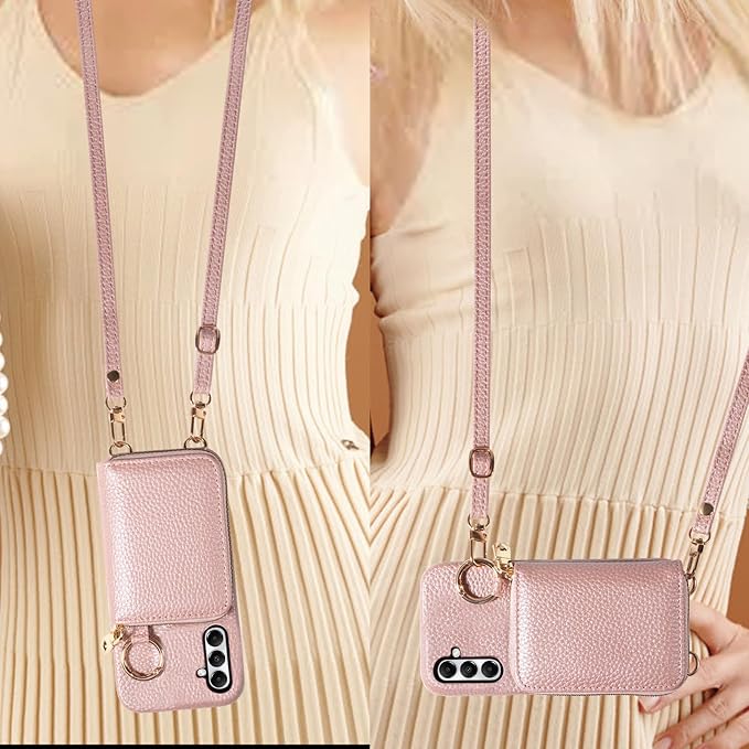 Wallet Case for Samsung Galaxy A34 5G with Shoulder Strap Ring Buckle, Luxury PU Leather Zipper Flip Organ Purse Credit Card Holder Stand Full Body Cell Phone Cover for A 34 34A Women Rose Gold