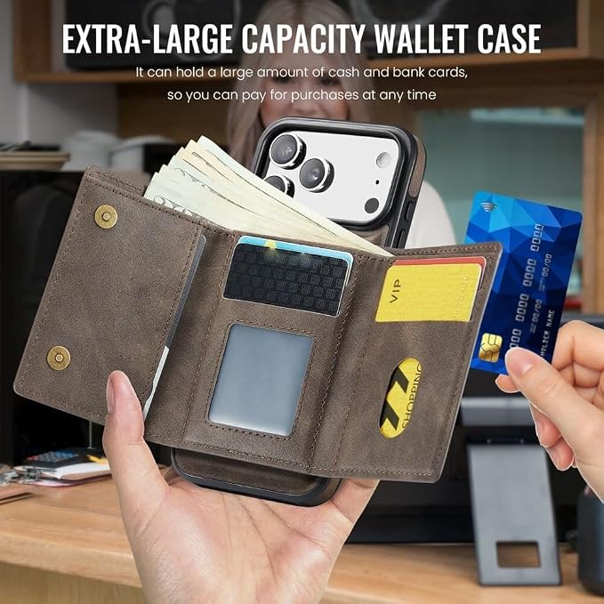 Wallet Case for iPhone 17 Pro Max/17/17 Pro/17 Air, Magnetic 2 in 1 Detachable Back Card Slots Heavy Duty Protection Cover Kickstand Supports Wireless Charging Case (17Air,Brown)