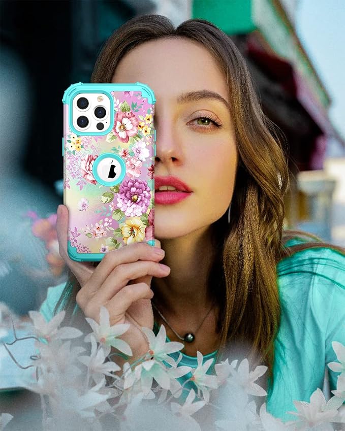 Hocase for iPhone 13 Pro Max Case, Heavy Duty Shockproof Protection Soft Silicone Rubber Bumper+Hard Plastic Hybrid Protective Case for iPhone 13 Pro Max (6.7") 2021 - Purple Florals/Teal