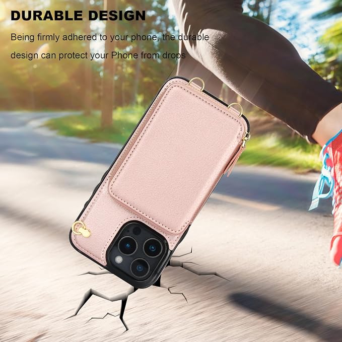 Bocasal Crossbody Wallet Case for iPhone 16 Pro Max, RFID Blocking Leather Purse Case with Card Holder, Protective Handbag Flip Cover with Zipper Wrist Strap Lanyard for Women 5G 6.9 Inch (Rose Gold)