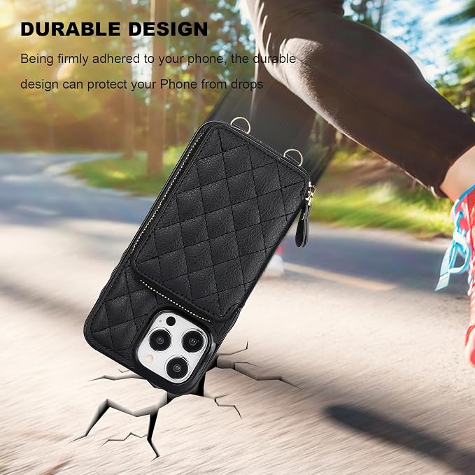 Bocasal Crossbody Wallet Case for iPhone 15 Pro Max, RFID Blocking PU Leather Zipper Handbag Purse Flip Cover, Kickstand Folio Case with Card Slots Holder Wrist Strap Lanyard 5G 6.7 Inch (Black)