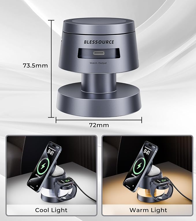 4-in-1 Magnetic Wireless Charging Station for iPhone 17/16/15/14 Pro Max, with Night Lamp and 20W Adapter Wireless Charging Station Fast Charging for Apple Watch, Earphones & Multiple Devices