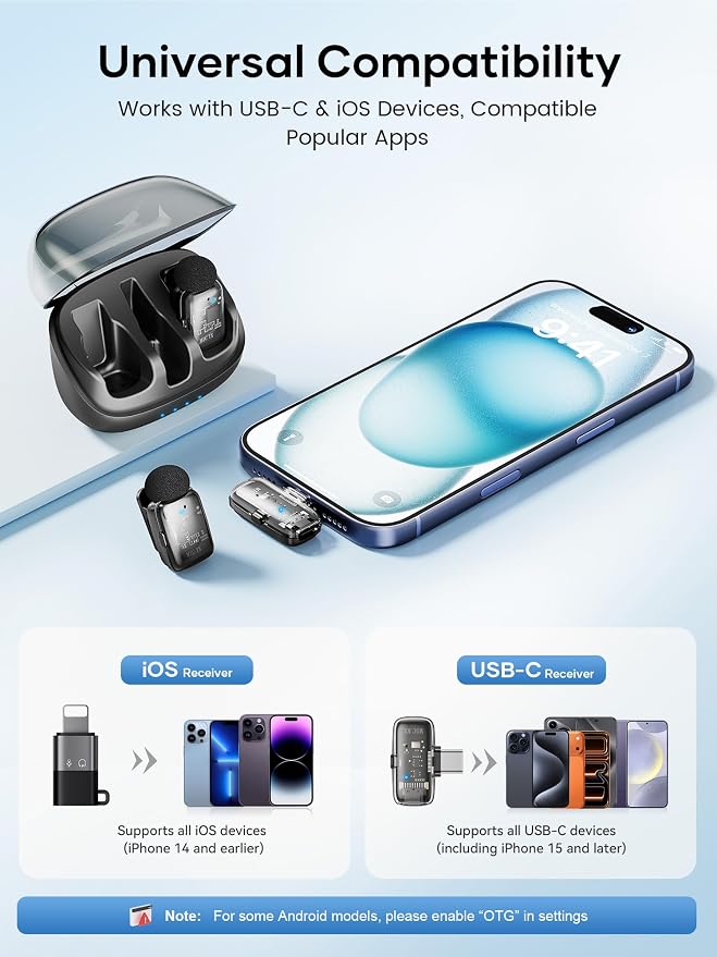Wireless Lavalier Microphone for iPhone iPad Android with Charging Case,Lapel Mic with Noise Reduction,36H Battery Life, Plug and Play Mini Microphone for Video Recording,YouTube,Vlog,Live Streaming