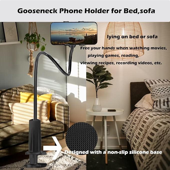 Selfdee Phone Holder for Bed, Gooseneck Clip Adjustable Phone Stand - Universal 360 Flexible Mount for Bedside headboard Lazy Long Arm Clamp Bracket (Style 1)