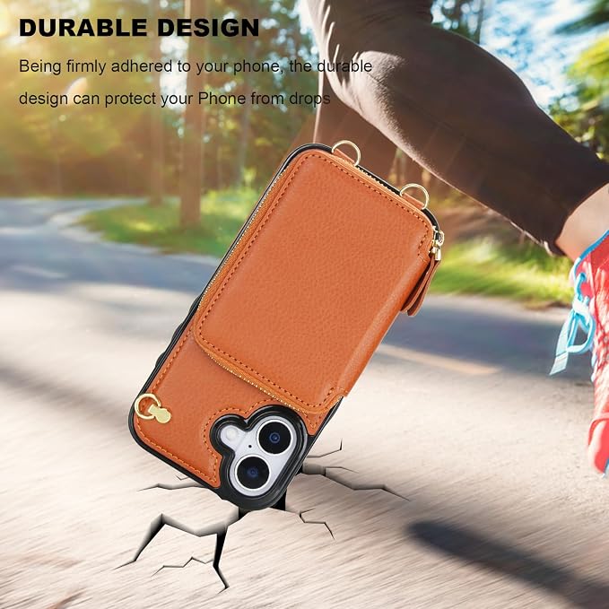 Bocasal Crossbody Wallet Case for iPhone 17, RFID Blocking Leather Purse Case with Card Holder, Protective Handbag Flip Cover with Zipper Wrist Strap Lanyard for Women 5G 6.3 Inch (Brown)