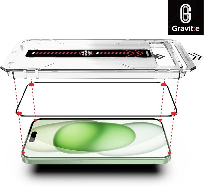 Gravit:e Screen Protector for iPhone, 9H Tempered Glass, Smart Installation Tool, Automatic Fine Dust Removal and Camera Protector 2 Pack (iPhone 15Plus)