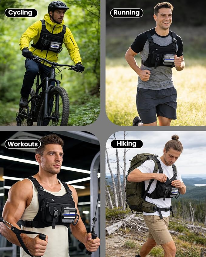 Chest Pack for Men Women - Tactical Vest for Outdoor, Adjustable Sport Chest Bag with Phone Holder & Extra Storage for Running, Cycling, EDC, Lightweight Running Backpack for Workouts