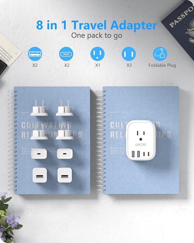LENCENT European Travel Plug Adapter US to Europe Type-C Foldable Plug | with 4 Outlets 4 USB Ports (2 USB C), Power Adaptor for USA to EU Euro Iceland Spain Italy France Germany Greece Portugal