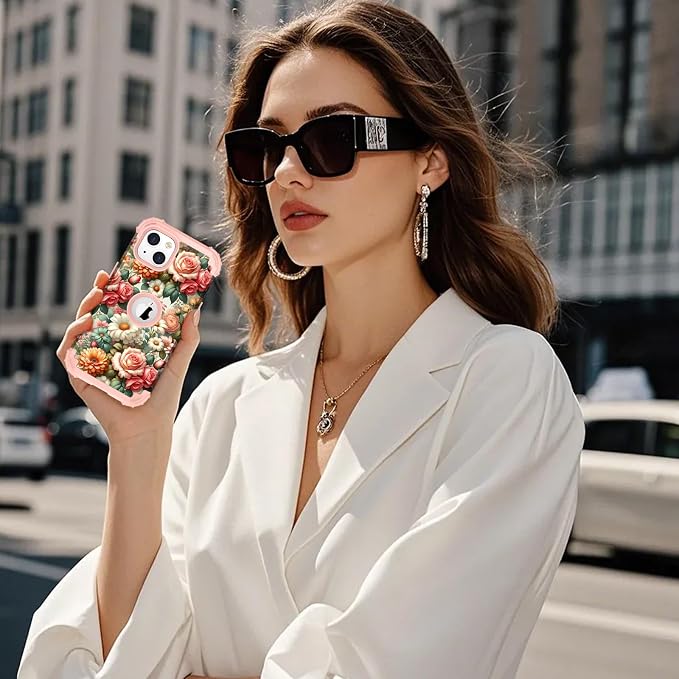 Hocase for iPhone 15 Case, Heavy Duty Shockproof Protection Soft Silicone Rubber Bumper+Hard Plastic Hybrid Protective Case for iPhone 15 (6.1" Display) 2023 - Flower Garden