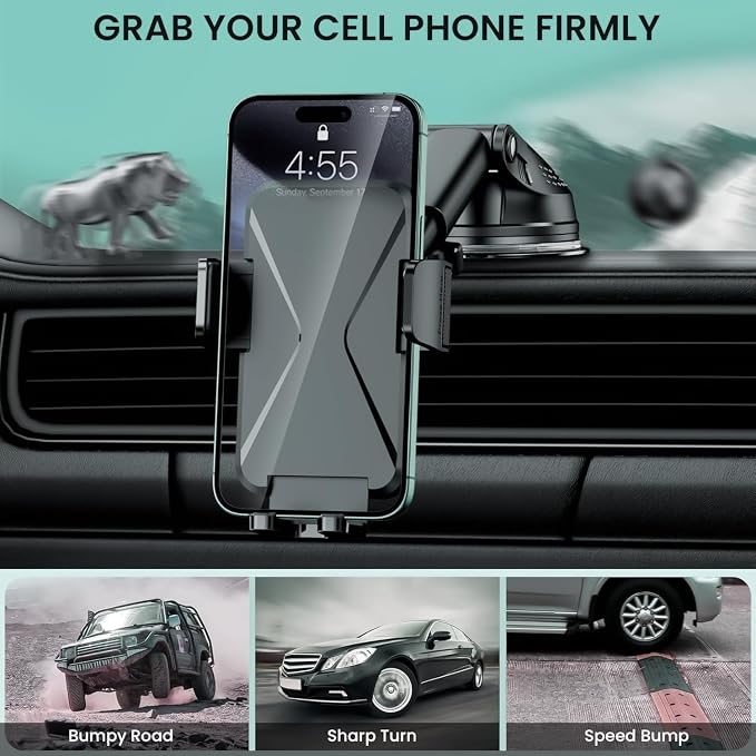 360° Adjustable Car Phone Holder Universal Hands-Free Mount for iPhone & Android, 3 in 1 Windshield Air Vent Dashboard Hands-Free Car Mount for iPhone Android Smartphone