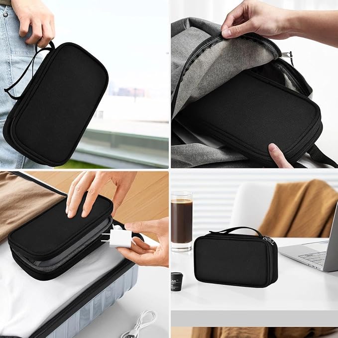 ZINMARK Portable Cable Organizer Case,Travel Pouch with Double-Layer Storage for Cables,Chargers,Earbuds & Phone,Black– Small Size