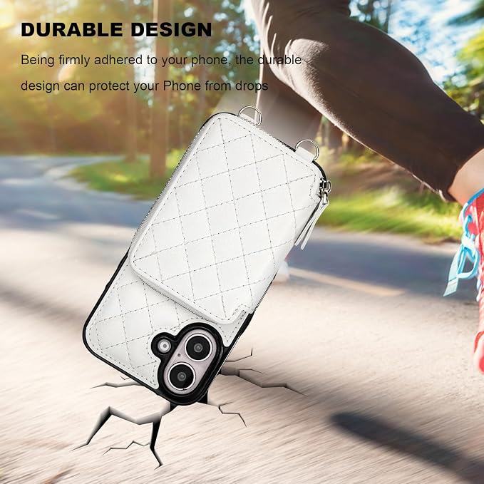 Bocasal Crossbody Wallet Case for iPhone 16, RFID Blocking PU Leather Zipper Handbag Purse Flip Cover, Kickstand Folio Case with Card Slots Holder Wrist Strap Lanyard 5G 6.1 Inch (White)