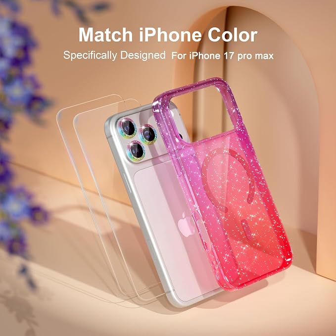 Choiche Magnetic for iPhone 17 Pro Max Case Compatible with MagSafe, Women Cute Glitter Sparkly Phone Case with Diamond Camera Lens Protectors, Military-Grade Drop Protection 6.9" (Purple/Pink)