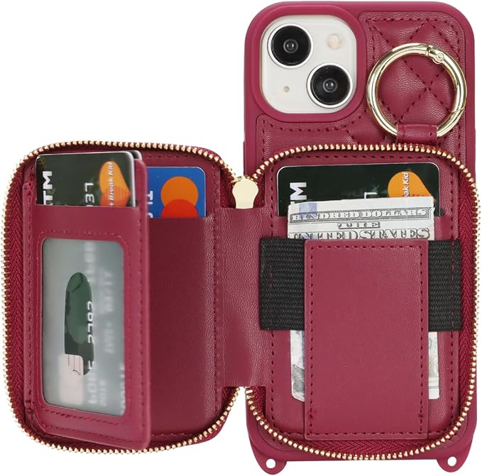 Crossbody Wallet Case for iPhone 14, PU Leather Zipper Handbag Purse Flip Cover, Kickstand Folio Case with Card Slots Holder Wrist Strap Lanyard 5G 6.1 Inch-Dark red