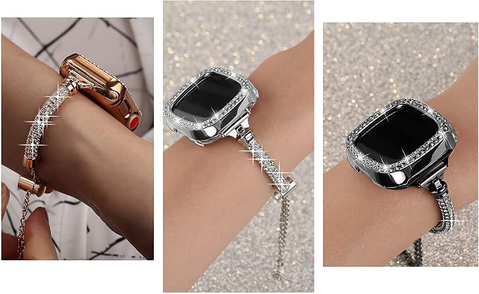 Bling Band And Case Compatible with Fitbit Versa 4/ Fitbit Sense 2 for Women, Metal Stainless Steel Wristband Replacement for Fibit Sense 2/Versa 4 (Silver)