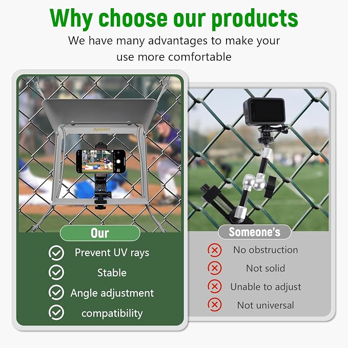 Apexion Baseball Training Equipment, Phone Stabilizer, Game Changer Fence Mount, Universal with Sunshade, Streaming kit, Phone Fence Mount (White)