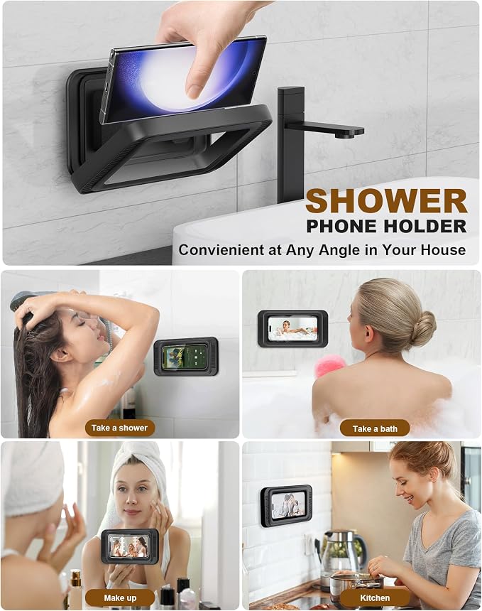 Upgraded Shower Phone Mount Waterproof with Speaker Hole Touch Screen Shower Phone Stand Holder for Bathroom Bathtub Kitchen Wall Mirror for iPhone 1716 15 14 13 12 11 Pro XS XR Max (Black)
