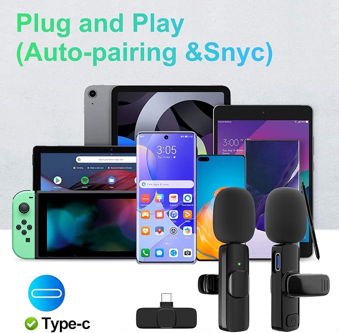 2 Pack Wireless Lavalier Microphone for iPhone, Professional Lapel Mics, Wireless Mic Plug-Play, Lapel Microphone for Video Recording Interview TikTok (USB C for Android iphone15/16)