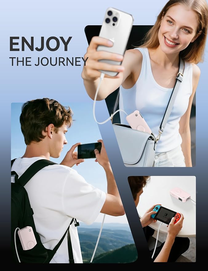 RORRY Portable Charger, 10,000mAh 30W Fast Charging Power Bank with Built-in Retractable Cables, Travel Battery Pack for iPhone 17/16/15/14/13/12, Apple Watch, iPad and More, Pink