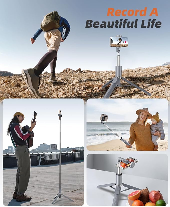 Phone Tripod & Selfie Stick with Remote, Portable, Lightweight for Video Recording Vlog, Extendable Travel Tripod Stand Compatible with iPhone Android, Grey, 62"