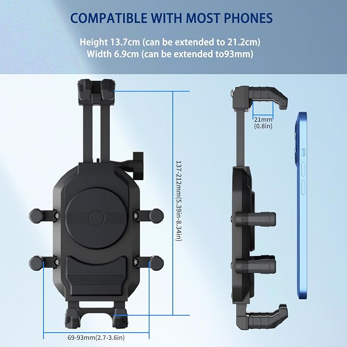 Universal Motorcycle Phone Holder, 8-Claw Heavy Duty Thick Phone Handlebar Mount for Electric Scooter/Bike/ATV, Compatible with iPhone 15/14/13 Pro Max, Samsung Galaxy S23/S22 Ultra, Gopro Camera