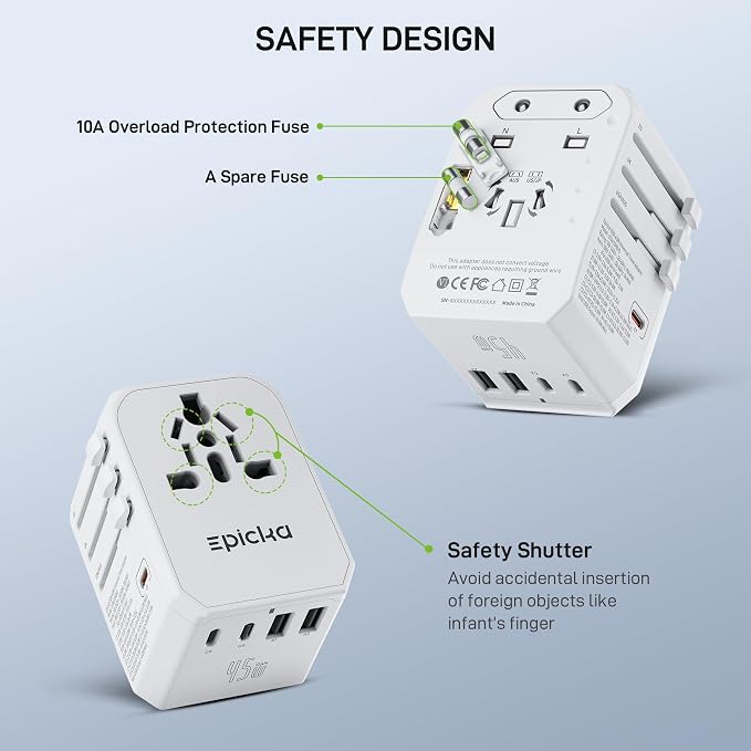 EPICKA Universal Travel Adapter GaN 45W, European Travel Plug Adapter with PD&QC Fast Charging(2 USB-A & 3 USB-C Ports) - Worldwide Travel Essentials, International Power Adapter for UK/US/AU (White)