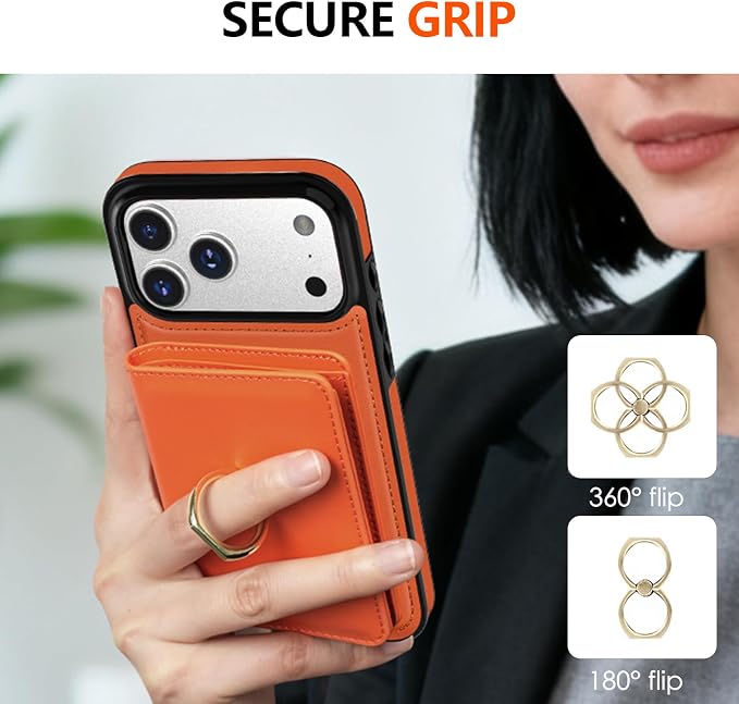 LOHASIC for iPhone 17 Pro Case Wallet with Card Holder, 360° Rotation Ring, RFID Blocking, 5 Card Slots, PU Leather 6.3" Cover for Apple 17 Pro Men Women, Orange