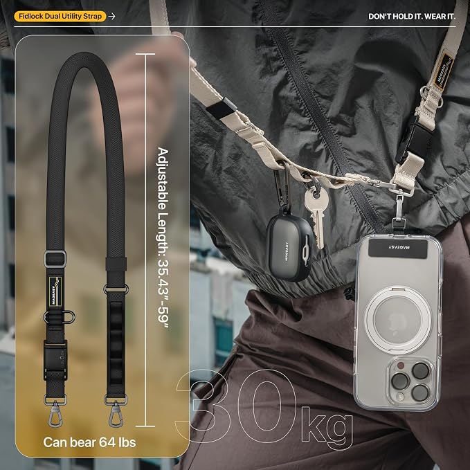 MAGEASY 20mm FidLock Dual Crossbody Utility Strap- Adjustable Crossbody Phone Lanyard with Magnetic Quick Release Buckle, Universal Durable Strap for iPhone 16 Pro Max & Most Smartphones - Black