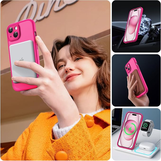 TOCOL for Phone 15 Case, Compatible with Magsafe Charger, Full Camera Protection, Drop Protection, Translucent Matte Phone Case for iPhone 15 6.1 inch (Hot Pink)