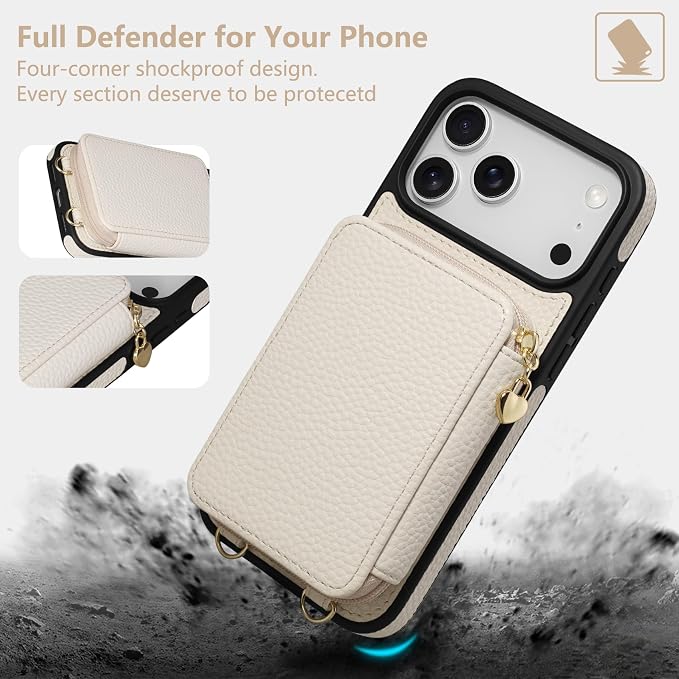 Keallce Case for iPhone 17 Pro Max 6.9'' Case Wallet, Crossbody Zipper Purse with RFID Blocking Card Slots Kickstand, Lanyard & Handstrap Flip Folio Leather Phone Cover for iPhone 17 Pro Max, Beige