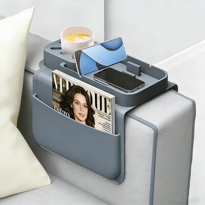 Silicone Couch Cup Holder for Tablet & Phone Stand, Sofa Arm Tray Organizer with Dual Side Pockets for Remotes Snacks Headphones & Glasses Drinks Anti-Slip & Heat Resistant Sofa Caddy (Gray)