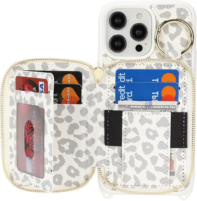Crossbody Wallet Case for iPhone 14 Pro Max, PU Leather Zipper Handbag Purse Flip Cover, Kickstand Folio Case with Card Slots Holder Wrist Strap Lanyard 5G 6.7 Inch-White Leopard