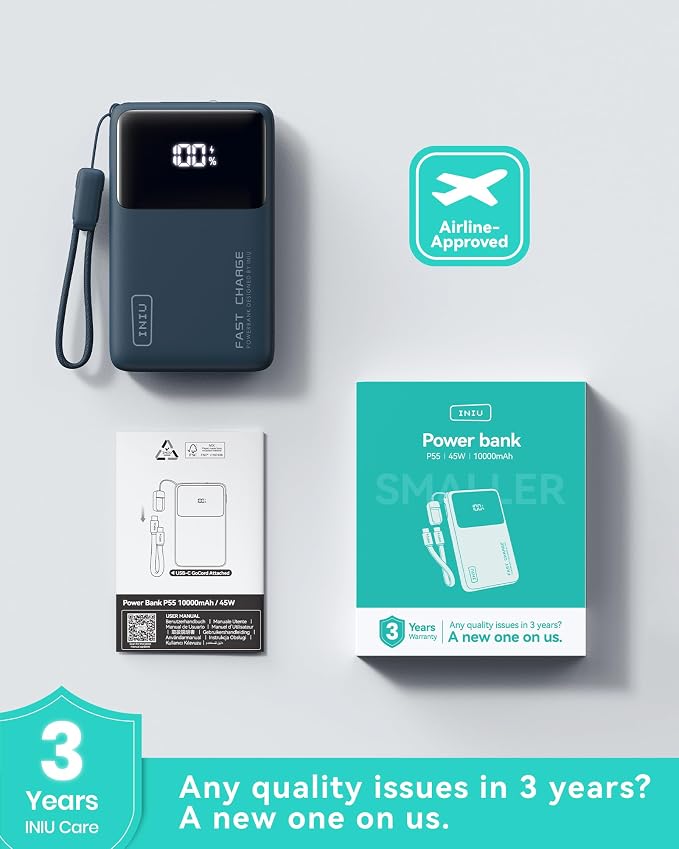INIU Ultra Compact Power Bank, 10000mAh 45W Fast Charging Portable Charger with Detachable USB-C Cable & Stand, Flight-Safe Travel Battery Pack for Campus, Camping, for Boys, Blue