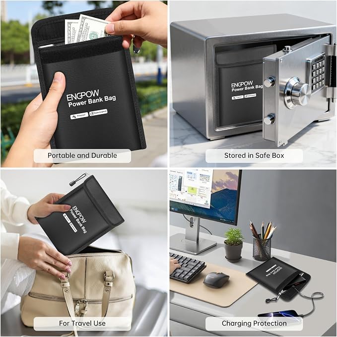 ENGPOW Fireproof Organizer Travel Bag, Heat Insulated&Explosion-Proof Electronic Carry Case, Portable Home Travel Safe Storage for Power Bank,Phone,Cables,USB Drive and Charging Protection, 9''x7''