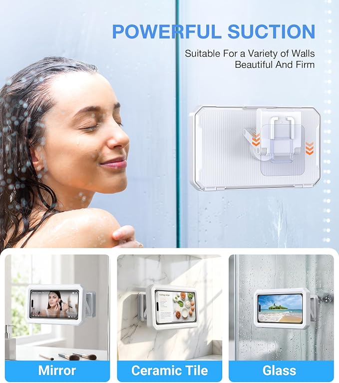 Romuto Shower Phone Holder Waterproof【480° Rotation】HD Touch Screen & Anti-Fog phone shower holder, IPX6 Waterproof Clear Sound Bathroom Accessories for iPhone 17 16 Pro Max Air, S25 Ultra, 4-7" Phone