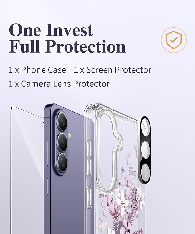 GVIEWIN for Samsung Galaxy S26 Case, Clear Floral Slim Shockproof Protective Women Phone Case, Non-Yellowing, with Screen Protector & Camera Lens Protector for Galaxy S26 6.3", Vase/Purple