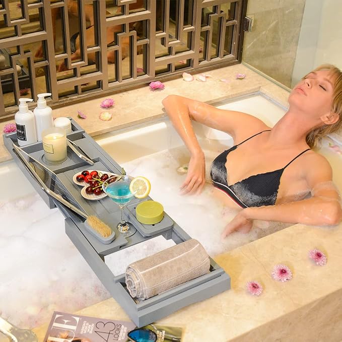 Bath Caddy Tray for Bathtub - Bamboo Adjustable Organizer Tray for Bathroom with Soap Dish Suitable for Luxury Spa or Reading(Bluish Grey)