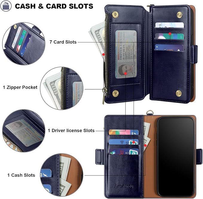 Antsturdy Compatible with iPhone 15 Wallet Case Card Holder【RFID Blocking】 PU Leather Phone Case Women Men flip Protective Cover Wrist Strap Zipper Credit Card Slots,for Apple 15 6.1",Dark Blue