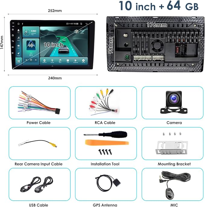 10" Double Din Car Stereo Wireless CarPlay Android Auto, 64GB HD Touch Screen Car Radio, Bluetooth 5.4, Backup Camera, GPS, Universal Fit for All Cars
