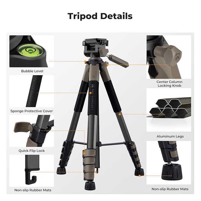 K&F CONCEPT Camera Tripod, 75" Lightweight Portable Travel Outdoor DSLR Tripods for Camera Phone Video Recording Tripod Stand, Cellphone Clip for Smartphone Live Streaming Vlog (Grey, 75'')