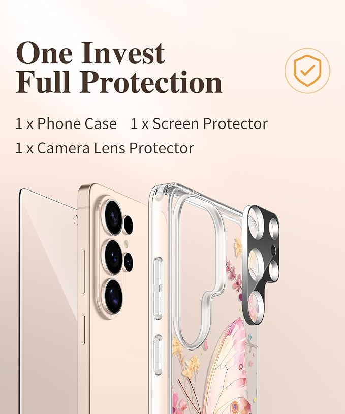GVIEWIN for Samsung Galaxy S26 Ultra Case, Clear Floral Slim Shockproof Protective Women Phone Case, Non-Yellowing, with Screen Protector & Camera Lens Protector for S26 Ultra 6.9", Magic Butterfly