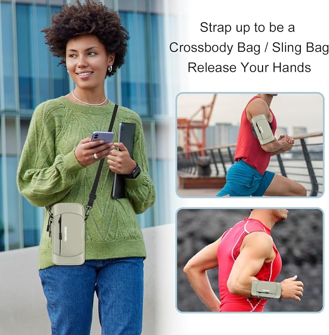 Phone Holder for Running, Waterproof Armband with Crossbody Strap, Lightweight Running Armband Phone Holder, Adjustable Elastic Running Band for iPhone Samsung 7.5 Inch (Crossbody Bag Khaki)