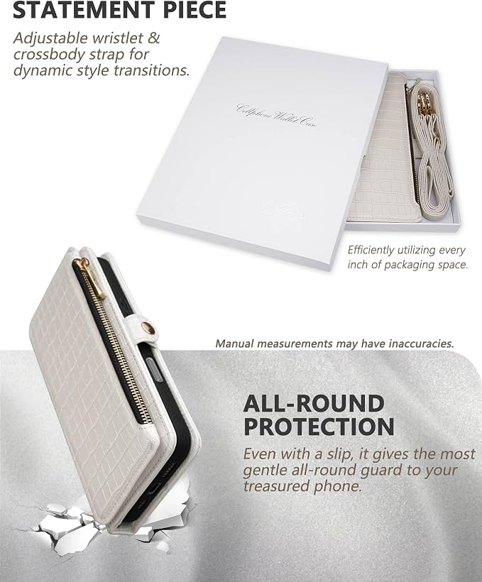 Crossbody Wallet Case for iPhone 16 Pro with Mirror, Wrist Strap, Zipper Purse Magnetic Flip RFID Blocking Card Holder, Wireless Charging, PU Leather Shockproof 6.3" Women (White)
